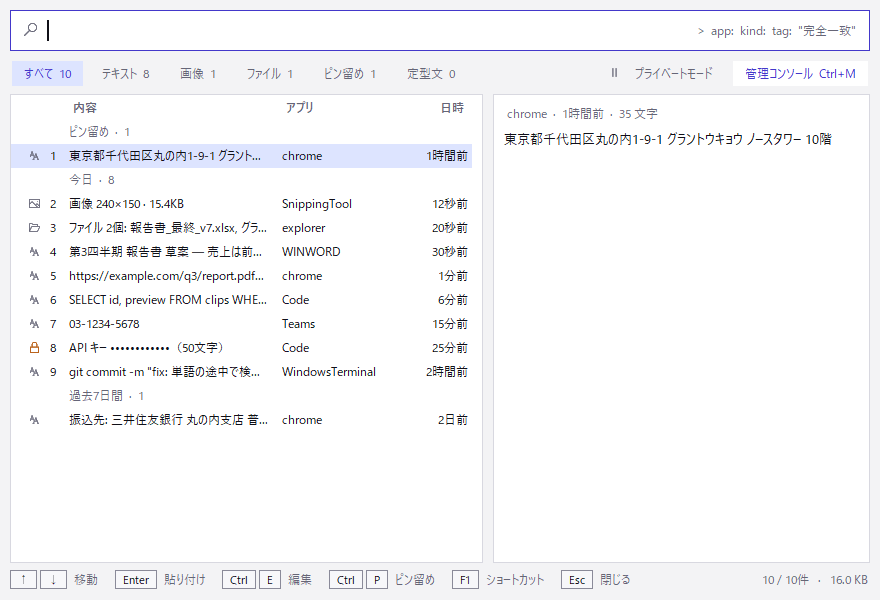 ClipVault の履歴ウィンドウ: 検索欄、ピン留めと今日でまとめた一覧、機密情報が伏せられた行